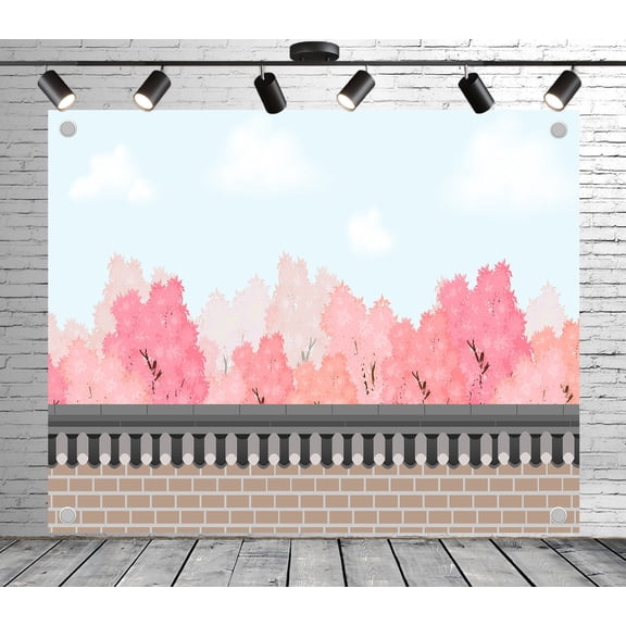5x3ft Cherry Blossom Backdrop Pink Blossom Trees Over Stone Wall Photo Backdrop Garden Background Decoration Banner for Theme Party Wedding Birthday Baby Shower Photo Booth Studio Props