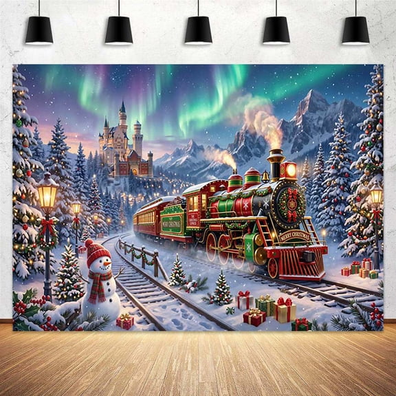 5x3ft, Christmas Train Backdrop for Xmas Eve New Year Party Decorations Winter Wonderland North Pole Snowy Night Pine Forest Background for Xmas Holiday Party Banner Supplies Photo Booth Props