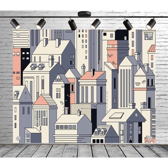 5x3ft Cityscape Backdrop Cartoon Urban Building Photo Backdrop Modern Style Background for Theme Party Wedding Birthday Baby Shower Decoration Banner Photo Booth Studio Props