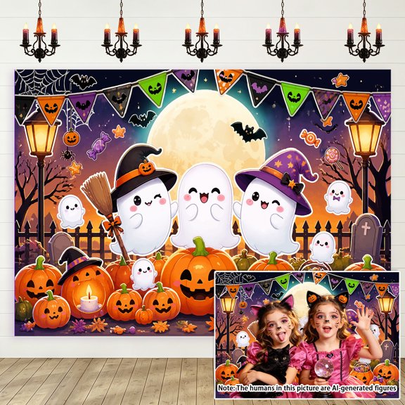 5x3ft Cute Ghost Halloween Backdrop, Cartoon Pumpkin Trick or Treat Photography Background, Spooky Full Moon Photo Booth Prop for Kids Party, Studio
