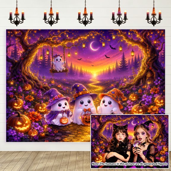 5x3ft Cute Ghost Halloween Backdrop, Kids Trick or Treat Photography Background, Autumn Forest Moon Photo Booth Prop for Children Party, Studio