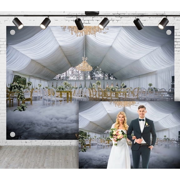 5x3ft Dream Wedding Photoshoot Backdrop White Gauze Dome with Crystal Chandeliers and Gold and White Seats Bride and Groom Ceremony Party Engagement Proposal Background Photography Studio Props