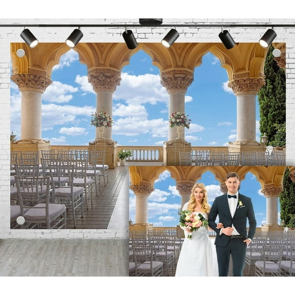 5x3ft European Wedding Photoshoot Backdrop Romantic Fusion of Arch Column Flower Decoration and Blue Sky and Sea View Ceremony Party Engagement Proposal Background Photography Studio Props