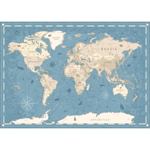 5x3ft Fabric Blue World Map Backdrops Banner Nautical Compass World Travel Map Themed Backgrounds for 's Rooms Decorations Birthday Banner Photo Studio Props