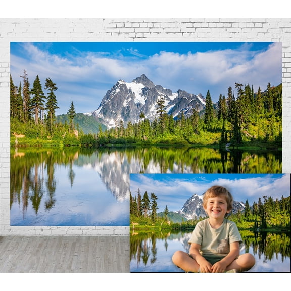 5x3ft Fabric Outdoor Background Natural Scenery Style Snow Mountain Mirror Lake Forest Clear Sky Picnic Camping Hiking Home Decoration Wedding Photoshoot Birthday Party Photography Backdrop