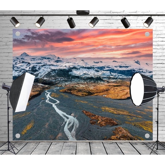5x3ft Fabric Outdoor Background Natural Scenery Style Snow Mountain River Sunset Wilderness Picnic Camping Hiking Home Decoration Wedding Photoshoot Birthday Party Photography Backdrop