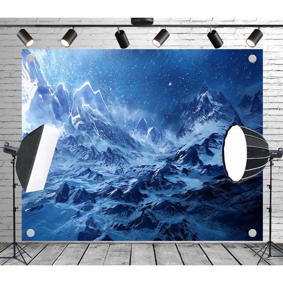 5x3ft Fabric Outdoor Background Painting Style Snow - Capped Mountain Range Starry Sky Scenic Picnic Camping Hiking Home Decor Wedding Photoshoot Birthday Party Photography Backdrop