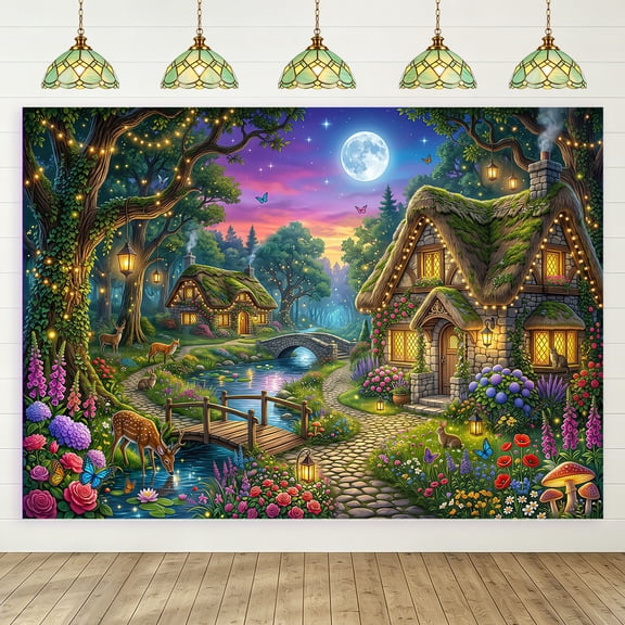 5x3ft Fairy Tale Cottage Forest Backdrop, Enchanted Magical Woodland Photography Background, Moonlight Stream Animal Flower Photo Booth Prop for Party Studio Decor