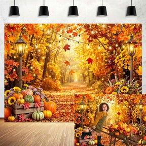 5x3ft, Fall Thanksgiving Photo Backdrop, Autumn Forest Maple Leaves Pumpkin Sunflower Photography Background, Fall Backdrop for Thanksgiving Harvest Party Decorations Photo Booth Props Wall Banner