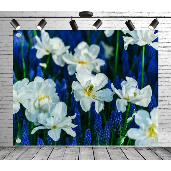 5x3ft Floral Backdrop White Flower Blue Hyacinth Photo Backdrop Nature Scenery Background for Theme Party Wedding Birthday Baby Shower Decoration Banner Photo Booth Studio Props