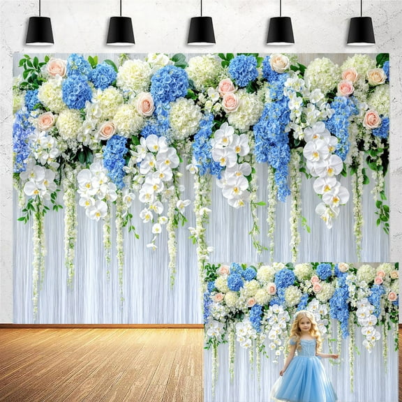 5x3ft Floral Flowers Backdrop White Blue Spring Photography Background for Women Wedding Girl Birthday Party Wall Decor - Flower HD Photo Studio Backdrops with Botanical Pattern