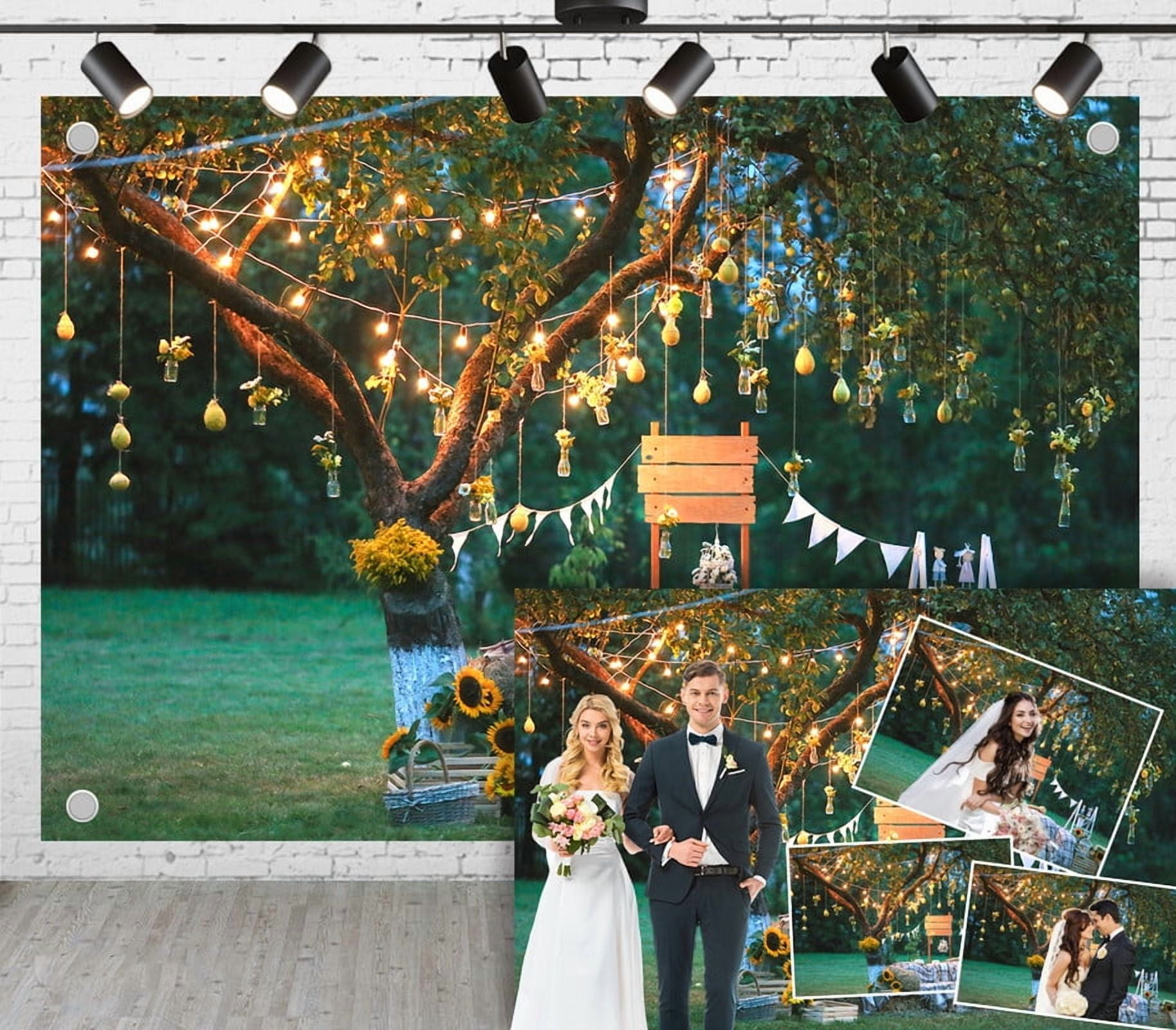 5x3ft Forest Style Outdoor Backdrop，String Lights Sunflowers Plaid Sofa ...