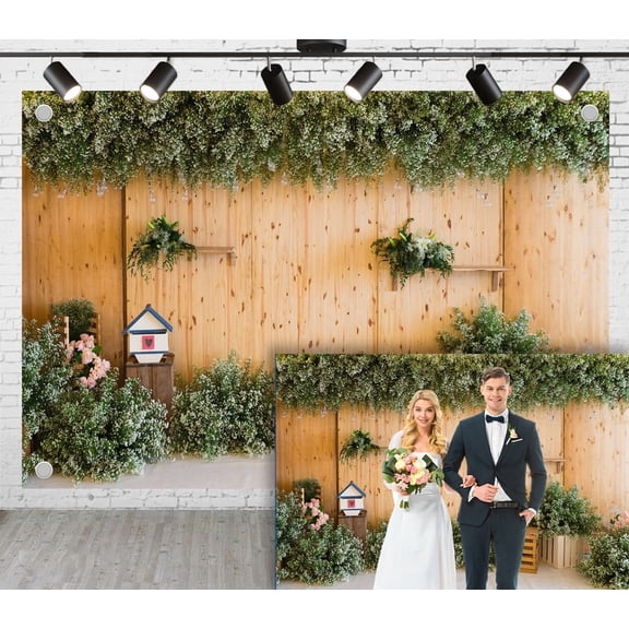 5x3ft Forest Wedding Photoshoot Backdrop Log Color Wood Wall with Green Plants Ceremony Party Engagement Proposal Wall Decoration Background Photography Studio Props