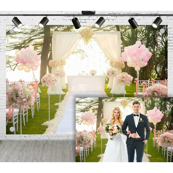 5x3ft Forest Wedding Photoshoot Backdrop Pink and White Balloon Floral Arch with Petals Paving Flower Path Ceremony Party Engagement Proposal Background Photography Studio Props