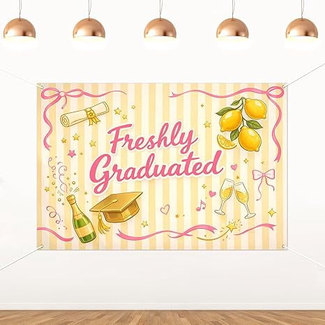 Lemon Grad Backdrop 5x3ft Freshly Graduated Backdrop Yellow Stripes Lemon Graduation Party ...