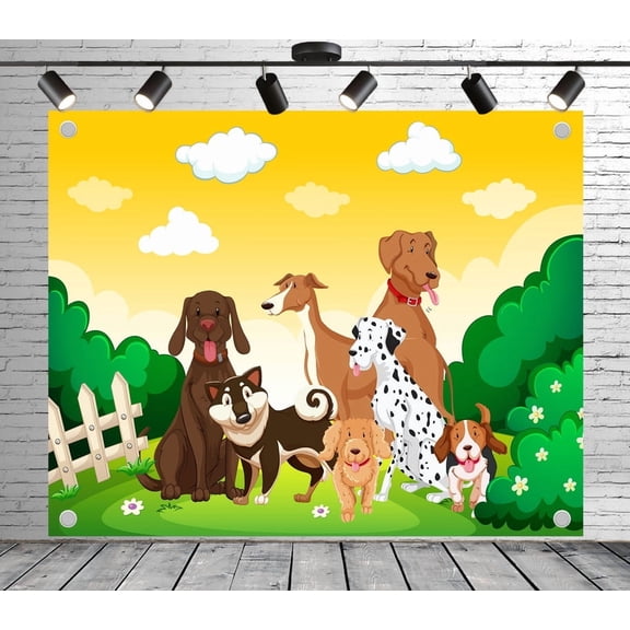 5x3ft Garden Backdrop Cartoon Pet Dog Photo Backdrop Grass Background Decoration Banner for Theme Party Birthday Pet - related Events Photo Booth Studio Props