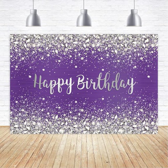 5x3ft Glitter Purple Diamonds Happy Birthday Backdrop Shinning Silver Bokeh Dots Women Girls Photography Background Sweet 16 Party Decorations Cake Table Banner Supplies Photo Booth Studio