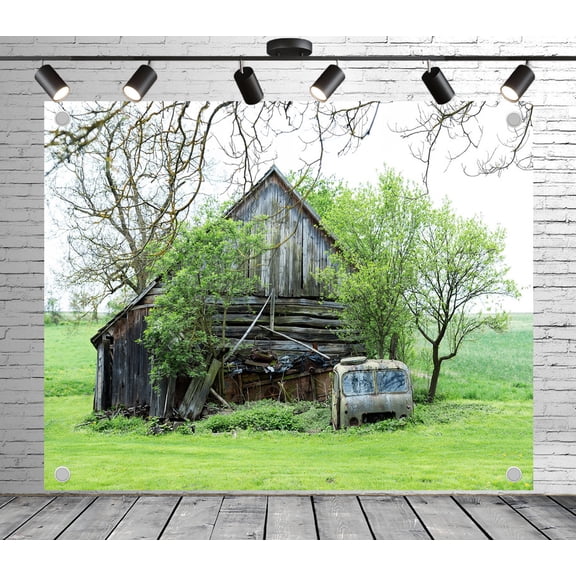 5x3ft Grass Backdrop Rustic Abandoned Barn in Field Photo Backdrop Green Background for Theme Party Wedding Birthday Baby Shower Decoration Banner Photo Booth Studio Props