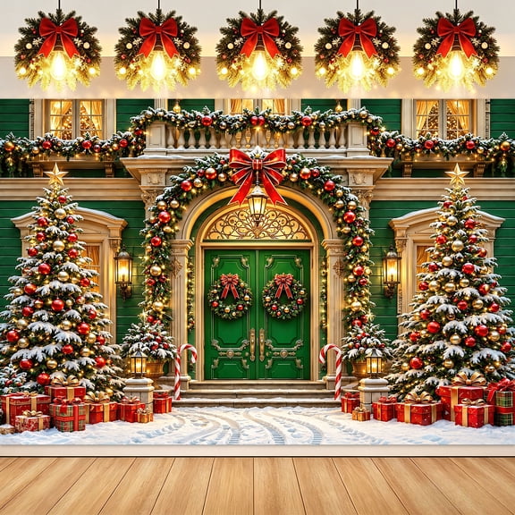 5x3ft Green Christmas Mansion Door Backdrop, Snow House Photography Background, Xmas Tree Gift Wreath Winter Snow Photo Booth Prop for Holiday Party, Studio