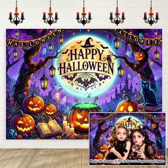 5x3ft Happy Halloween Backdrop, Spooky Witch Moon Photography Background, Jack-O-Lantern Cauldron Black Cat Photo Booth Prop for Kids Party, Studio
