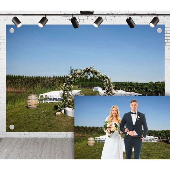 5x3ft Lawn Wedding Photoshoot Backdrop Green Flower Art Ring Arch with White Ceremony Platform and Seats Bride and Groom Ceremony Party Engagement Proposal Background Photography Studio Props