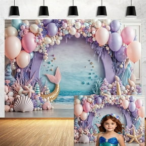 5x3ft Mermaid Backdrop for Girls Birthday Under The Sea Photography Background Purple Pink Balloon Princess Party Decorations Starfish Shells Ocean Baby Shower Banner Cake Decor Photo Booth Props