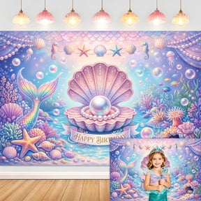 5x3ft Mermaid Happy Birthday Backdrop, Under The Sea Pearl Shell Photography Background, Ocean Themed Party Banner for Kids Birthday Photo Booth Decor