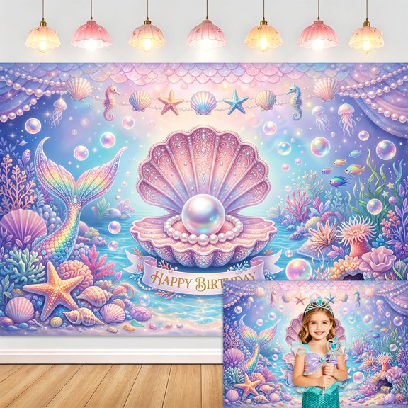 5x3ft Mermaid Happy Birthday Backdrop, Under The Sea Pearl Shell Photography Background, Ocean Themed Party Banner for Kids Birthday Photo Booth Decor