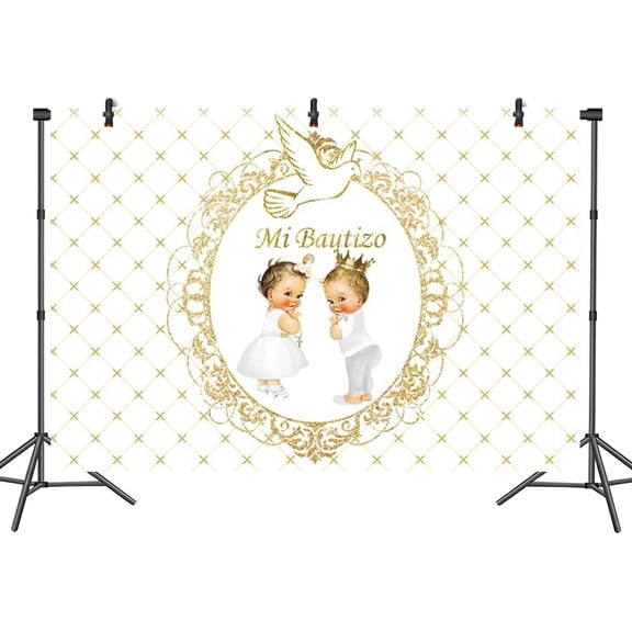 5x3ft Mi Bautizo Backdrop Abstract Gold Pattern Peace Pigeon Photo Background for Christening Baptism Party Baby Shower Polyester Photography Banner Decoration Supplies Props