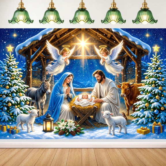 5x3ft Nativity Christmas Backdrop, Religious Jesus Birth Manger Scene Photography Background, Winter Snow Angel Xmas Photo Booth Prop for Party Studio Decor
