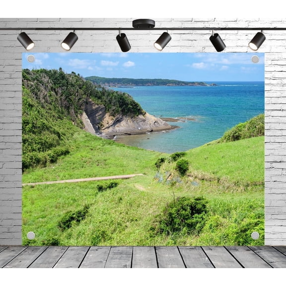 5x3ft Ocean Cliff Backdrop – Rocky Shore, Lush Greenery & Turquoise Water Banner for Outdoor Shoot, Beach Party, Photo Booth or Studio Decor, Wedding Photoshoot