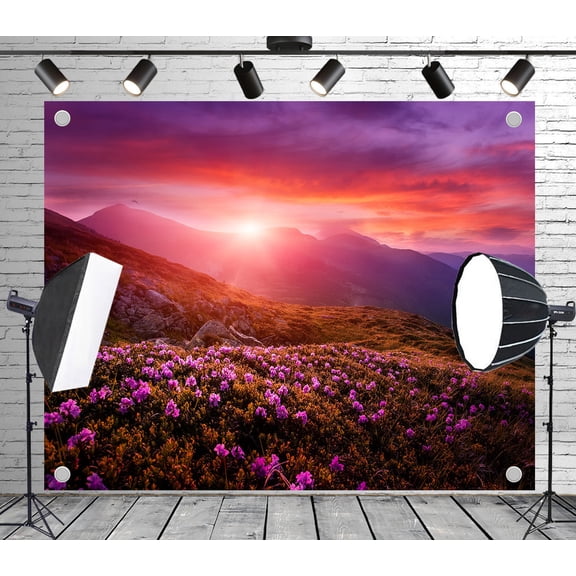 5x3ft Outdoor Background Fiery Sunset Purple Blossoms Mountain Slopes Scenic Wedding Birthday Party Photography Backdrop