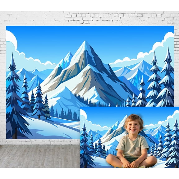5x3ft Outdoor Background Flat Illustration Style Snow - Capped Mountains Snowy Pines Blue Sky Clouds Winter Scenic Photography Backdrop
