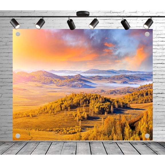 5x3ft Outdoor Background Golden Autumn Forest Misty Plains Sunset Sky Scenic Wedding Photoshoot Birthday Party Photography Backdrop