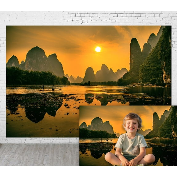 5x3ft Outdoor Background Golden Sunset Mirror River Karst Mountains Guilin Landscape Scenic Wedding Birthday Party Photography Backdrop