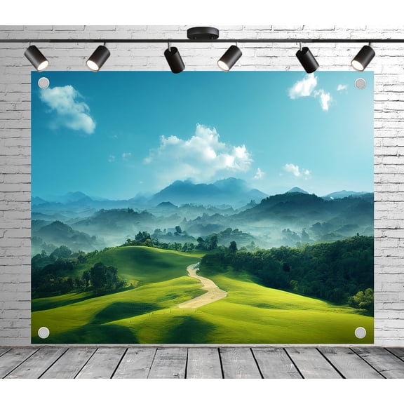 5x3ft Outdoor Background Green Hills Winding Path Misty Mountains Blue Sky Scenic Wedding Photoshoot Birthday Party Photography Backdrop