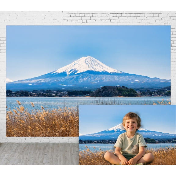 5x3ft Outdoor Background Mount Fuji Japan Snow - Capped Peak Lake Golden Reed Scenic Wedding Birthday Party Photography Backdrop