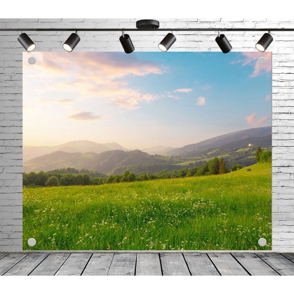 5x3ft Outdoor Background Pink Hues Blue Sky Green Meadow Rolling Mountains Scenic Wedding Birthday Party Photography Backdrop