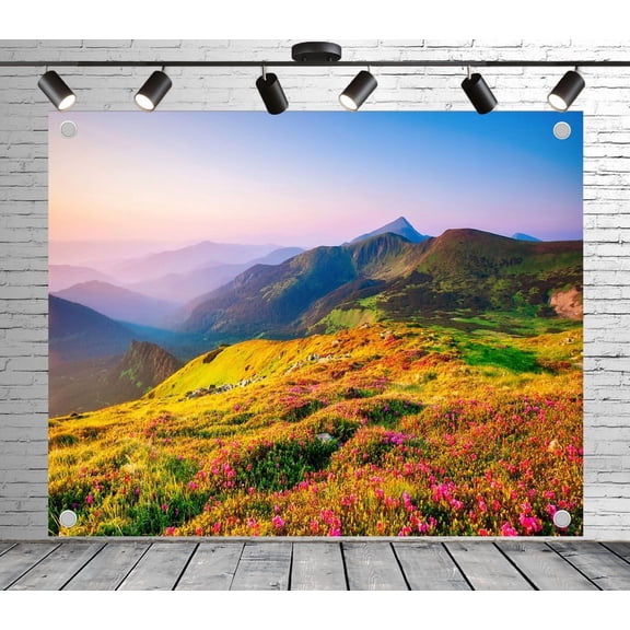 5x3ft Outdoor Background Pink Wildflower Alpine Meadow Misty Mountains Dawn Sky Scenic Wedding Photoshoot Birthday Party Photography Backdrop