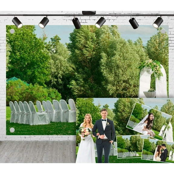 5x3ft Outdoor Forest Photography Background,Green Forest Backdrop,Arches And Chairs Decorated With White Gauze, Outdoor Wedding Photoshoot Photo Shooting Proposal Photography Props