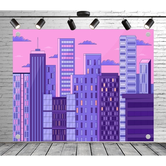 5x3ft Party Backdrop Pink Purple Urban Building Photo Backdrop Modern Style Background for Theme Party Wedding Birthday Baby Shower Decoration Banner Photo Booth Studio Props