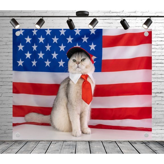 5x3ft Patterned Backdrop American Flag and Dressed Up Cat Photo Backdrop Decoration Banner for Theme Party Wedding Birthday Baby Shower Photo Booth Studio Props
