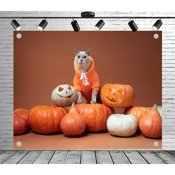 5x3ft Patterned Backdrop Cat and Pumpkin Photo Backdrop Autumn Background Decoration Banner for Theme Party Wedding Birthday Baby Shower Photo Booth Studio Props
