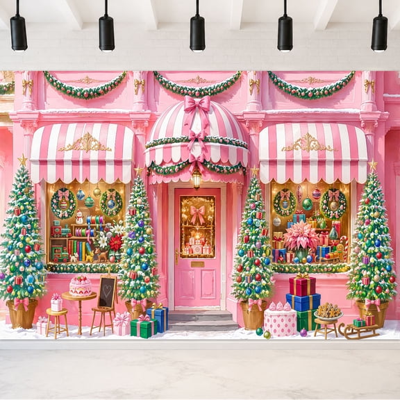 5x3ft Pink Christmas Candy Shop Backdrop, Pastel Christmas Store Photography Background, Xmas Tree Gift Winter Snow Photo Booth Prop for Kids Party, Studio