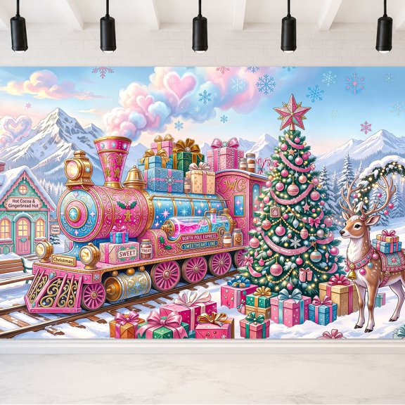 5x3ft Pink North Pole Express Train Christmas Backdrop, Snow Mountain Photography Background, Xmas Tree Reindeer Gift Winter Photo Booth Prop for Kids Holiday Party, Studio