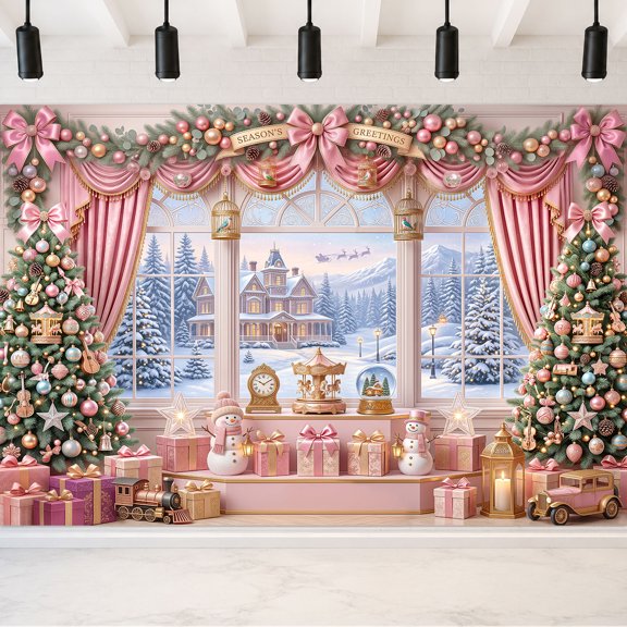 5x3ft Pink Pastel Christmas Window Backdrop, Snow Villa Photography Background, Carousel Snowman Xmas Tree Winter Photo Booth Prop for Holiday Party, Studio