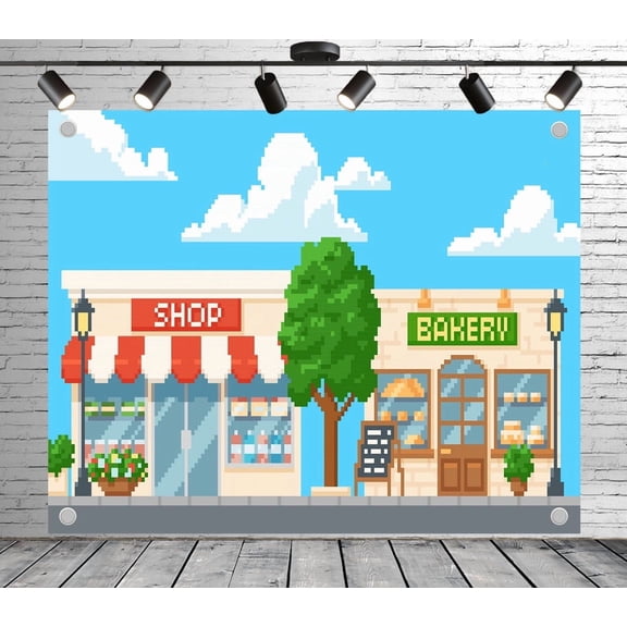 5x3ft Pixel Art Backdrop Cartoon Storefront Photo Backdrop Street Shop Background for Theme Party Wedding Birthday Baby Shower Decoration Banner Photo Booth Studio Props