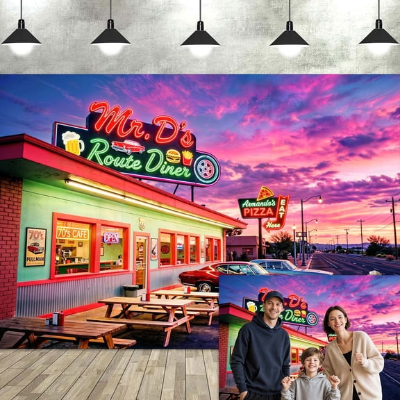 5x3ft Retro 70s Route 66 Diner Backdrop, Vintage Classic Car Neon Sign Background, 1950s Sock Hop Party Decor, American Diner Photo Booth Prop for Birthday & Themed Events