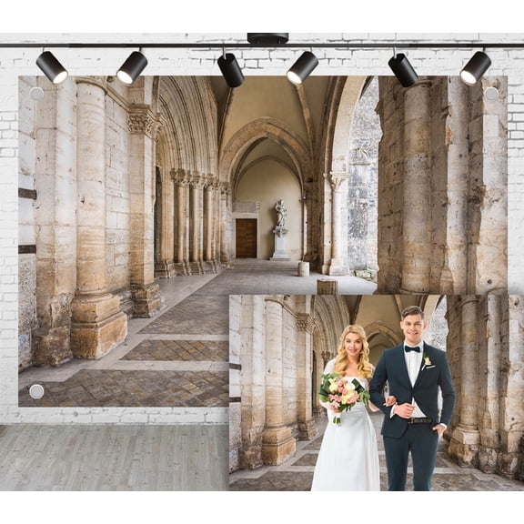 5x3ft Retro Church Wedding Photoshoot Backdrop Solemn Ceremony of Stone Arch Colonnade Passage and Statues Ceremony Party Group Photo Engagement Proposal Background Photography Studio Props