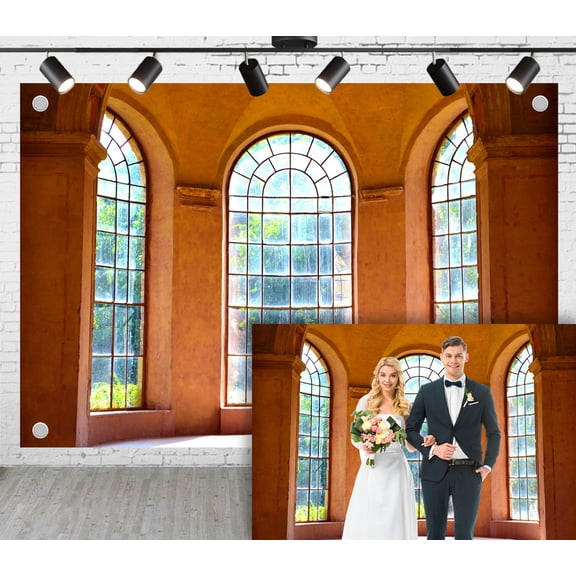 5x3ft Retro Interior Wedding Backdrop Three Arched Glass Windows Photoshoot Background for Anniversary Marriage Birthday Party Bedroom Decoration Photography Studio Props